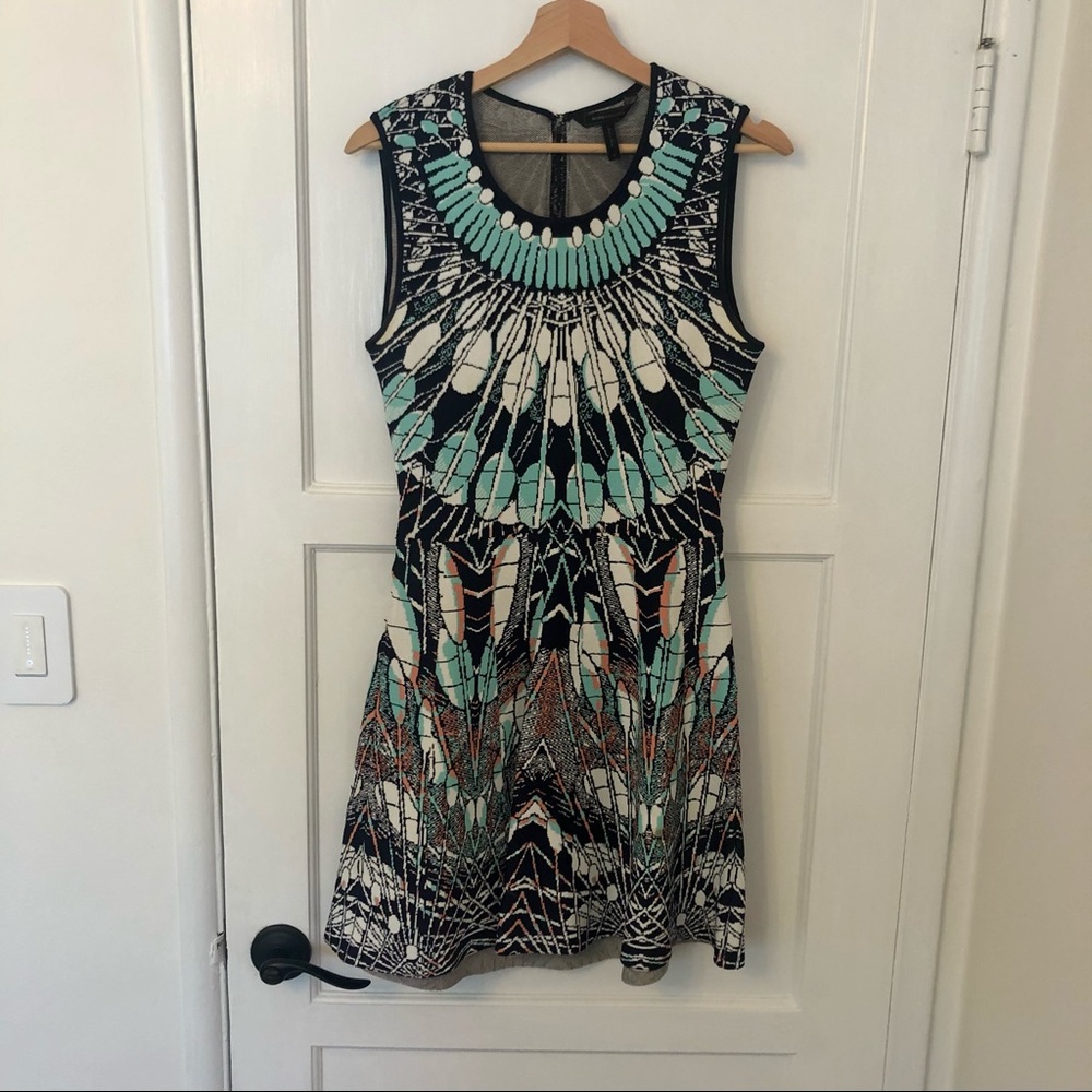 Feather print BCBG dress with key hole back